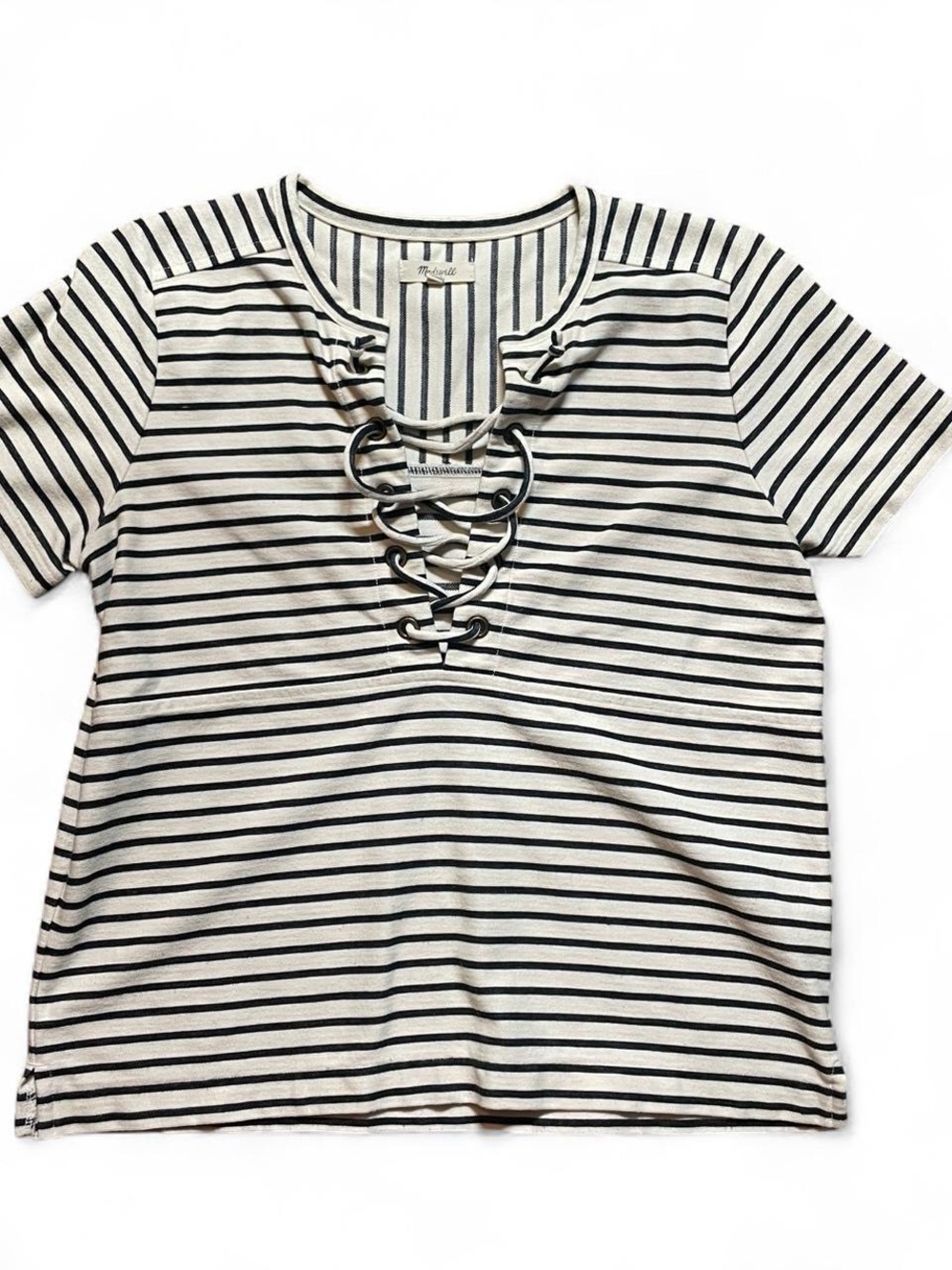 Madewell Black & White Striped Lace-Up Short Sleeve Tee -Size M